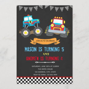 Monster truck joint birthday party invitation