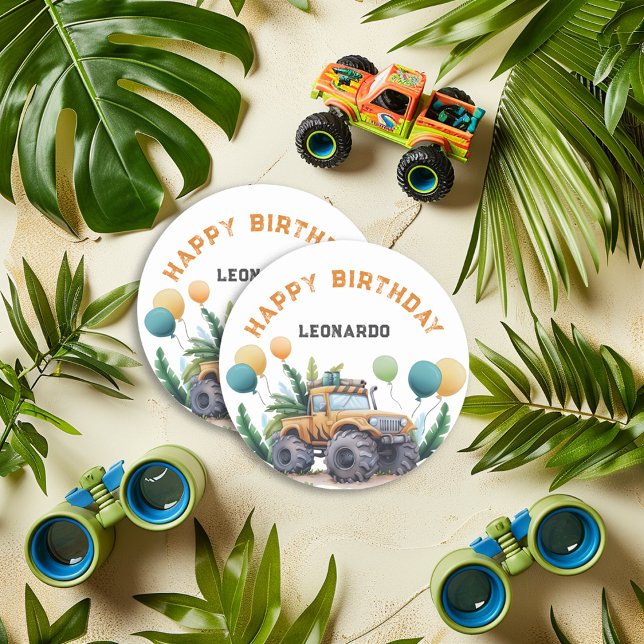 Monster Truck Jungle Safari Happy Birthday Classic Round Sticker (Creator Uploaded)
