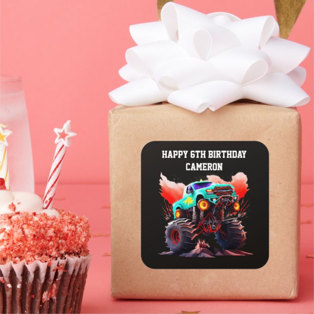 Monster Truck Kids Birthday Party Invitation Square Sticker (Party)
