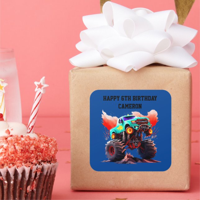 Monster Truck Kids Birthday Party Invitation Square Sticker (Party)
