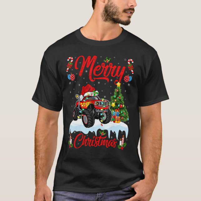 Monster Truck Lights Xmas Tree Santa Monster Truck T-Shirt (Front)