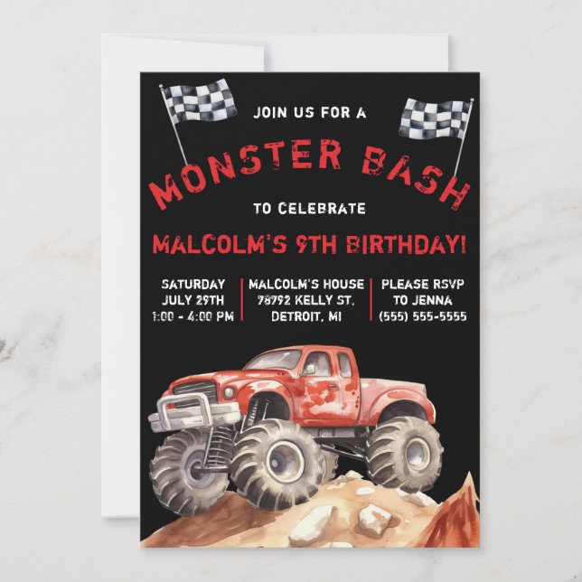 Monster Truck, Monster Bash Birthday Party Invitation (Front)