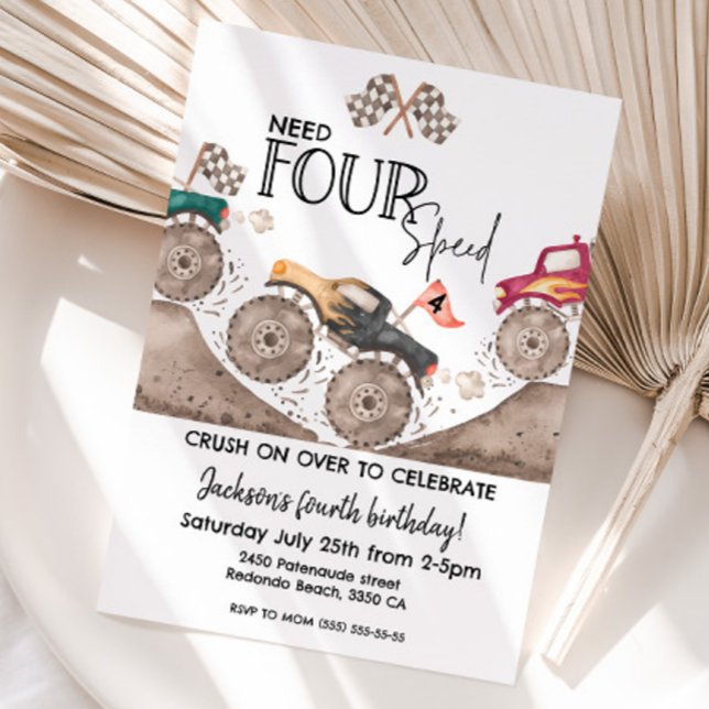 Monster Truck Need FOUR speed 4th birthday Invitation (Monster truck, need four speed birthday invitation)