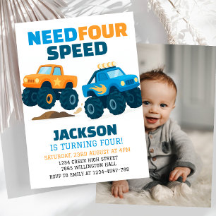 Monster Truck Need Four Speed Birthday Photo Invitation
