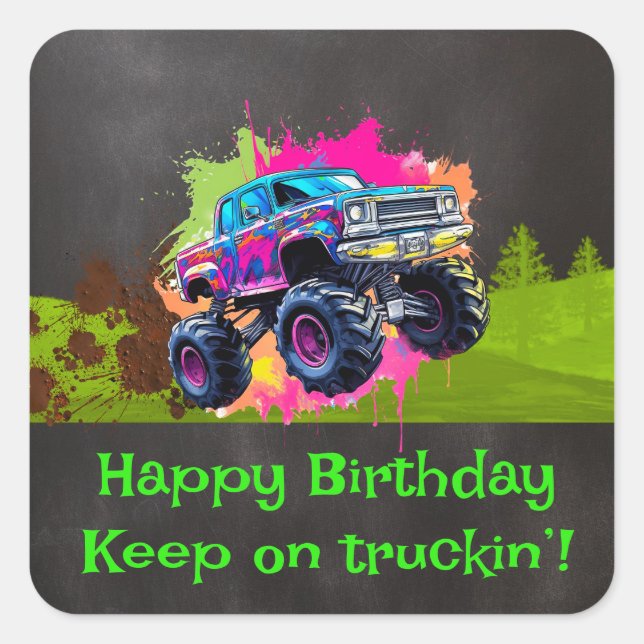 Monster Truck Neon Boy Birthday Party Square Sticker (Front)