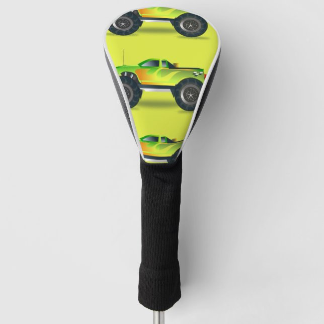 Monster truck on lime green golf head cover (Front)