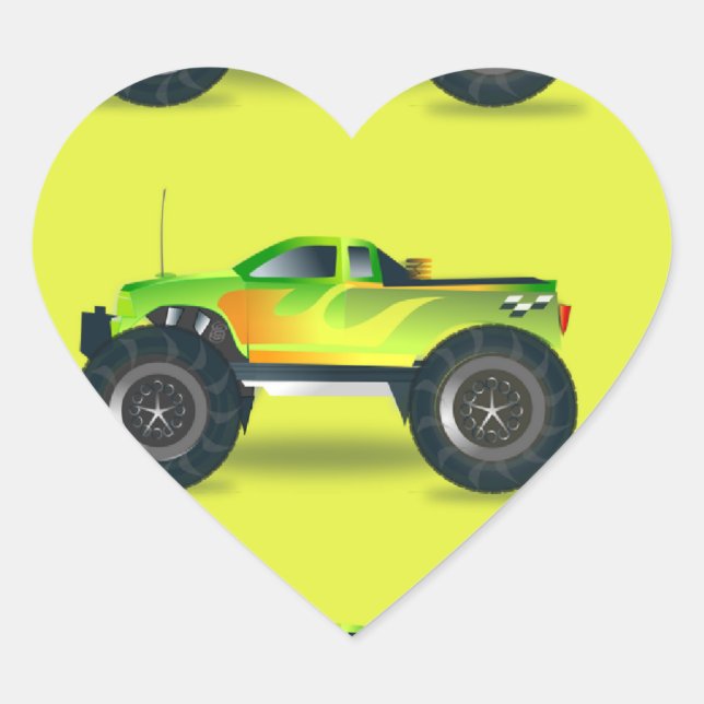 Monster truck on lime green heart sticker (Front)