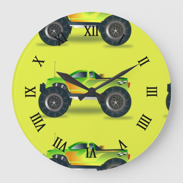 Monster truck on lime green large clock (Front)