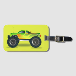 Monster truck on lime green luggage tag