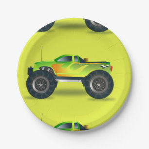 Monster truck on lime green paper plate