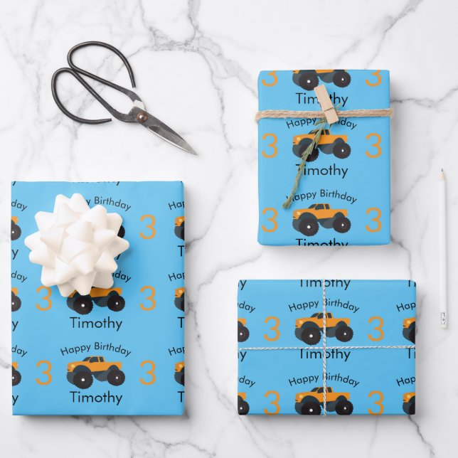 Monster Truck Orange Blue Boy's Name & Age Wrapping Paper Sheet (Front)