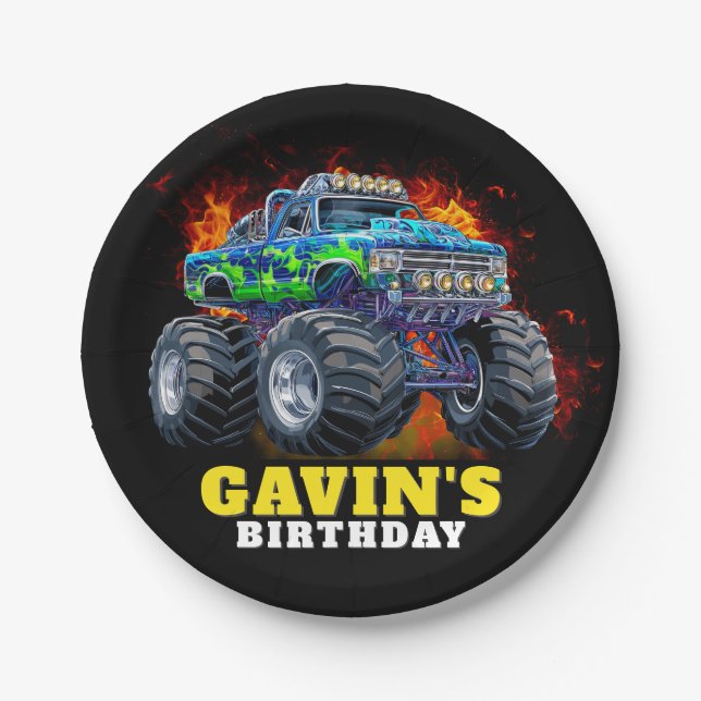 Monster Truck Personalised Birthday Party Paper Plate (Front)
