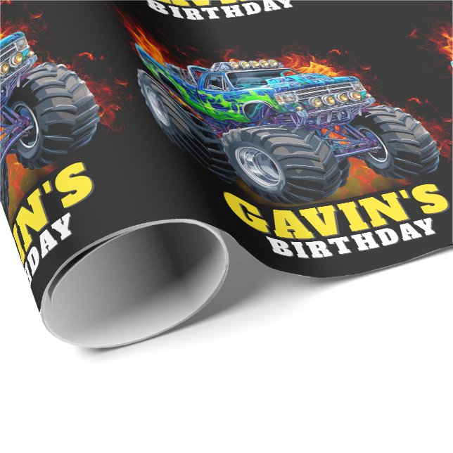 Monster Truck Personalised Birthday Party Wrapping Paper (Roll Corner)