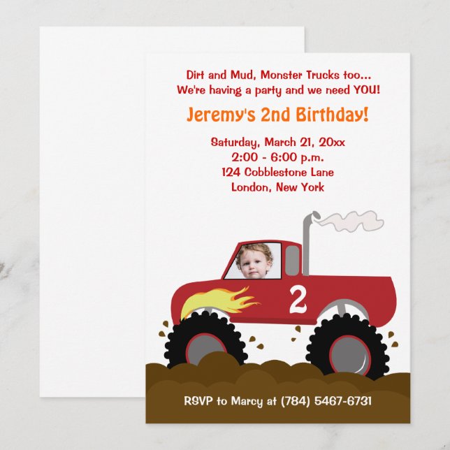 Monster Truck Photo Birthday Invitation (Red) (Front/Back)