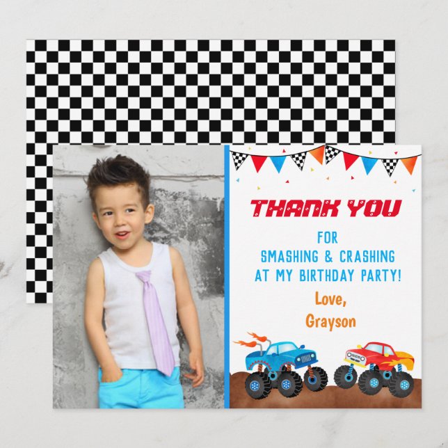 Monster Truck Photo Birthday Party Thank You Cards (Front/Back)