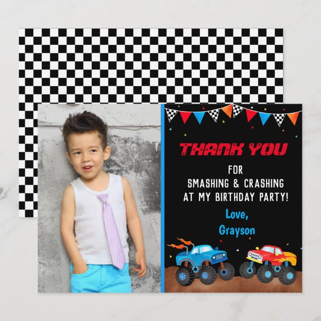 Monster Truck Photo Birthday Party Thank You Cards (Front/Back)