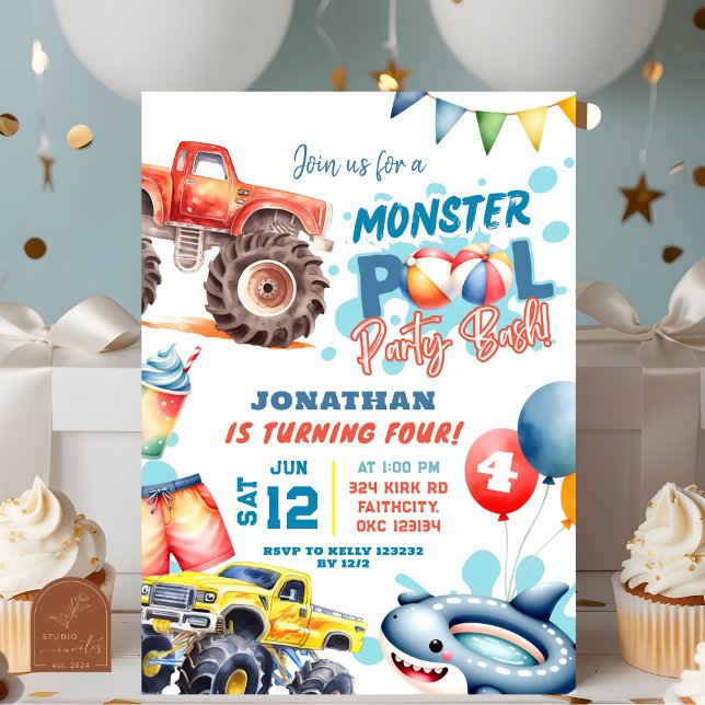 Monster Truck Pool Birthday Party  Invitation (Creator Uploaded)