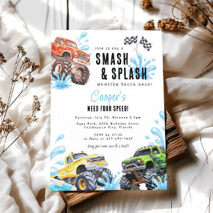 Monster Truck Pool Party 4th Birthday Invitation