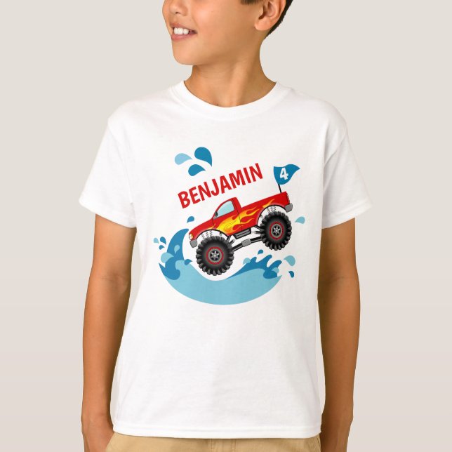 Monster Truck Pool Party Birthday Boy T-Shirt (Front)