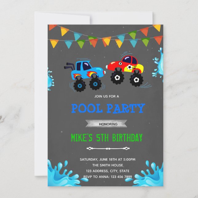 Monster truck pool party invitation (Front)