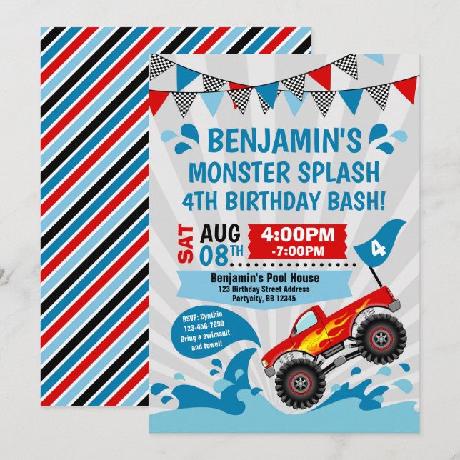 Monster Truck Pool Party Summer Birthday Invitation (Front/Back)