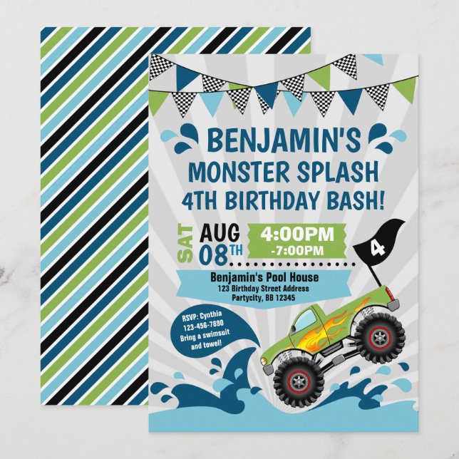 Monster Truck Pool Party Summer Birthday Invitation (Front/Back)
