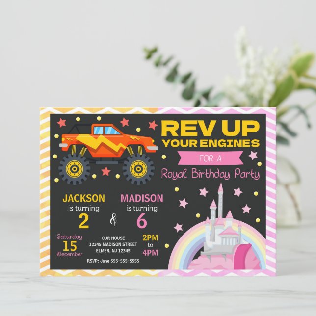 Monster Truck & Princess Joint Birthday Invitation (Standing Front)