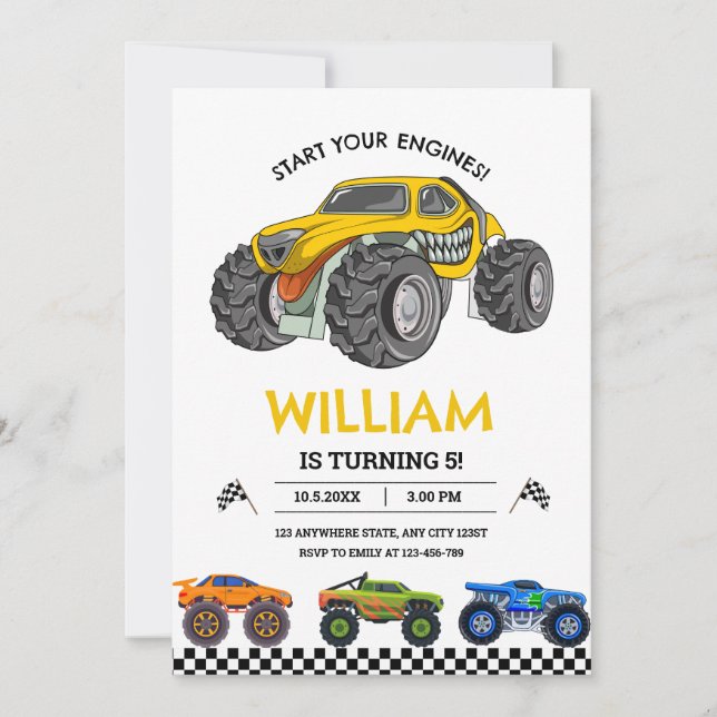 Monster Truck Race Birthday Invitation, Boys Party (Front)