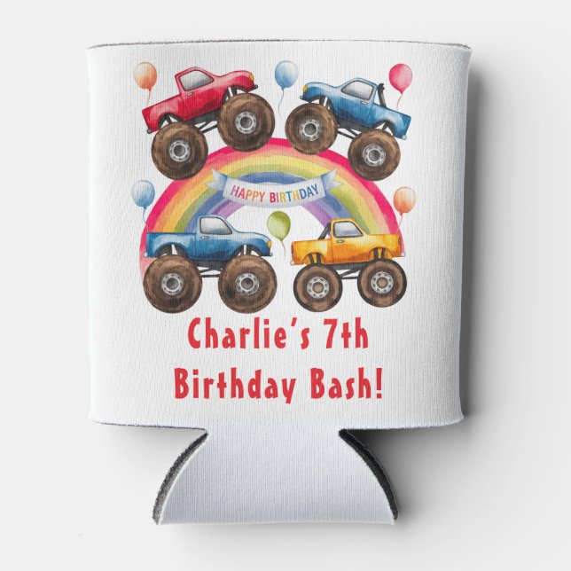 Monster Truck Rainbow Boy Birthday Bash Favour Can Cooler (Front)