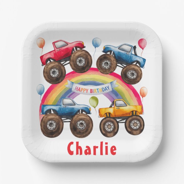 Monster Truck Rainbow Boy Birthday Bash Paper Plate (Front)