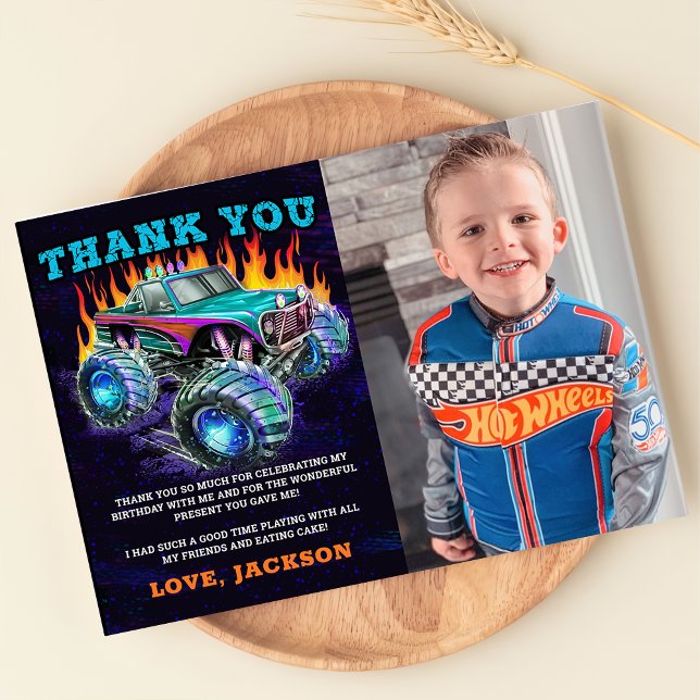 Monster Truck Rally Boy Birthday Photo Thank You Card (Creator Uploaded)