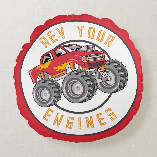 Monster Truck Rev Your Engines Kid's Round Cushion (Front)