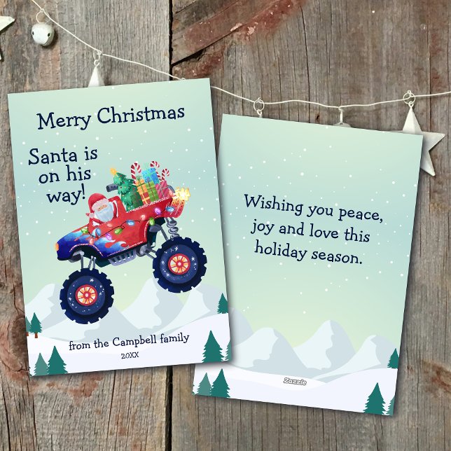 Monster Truck Santa Family Name Holiday Card (Creator Uploaded)