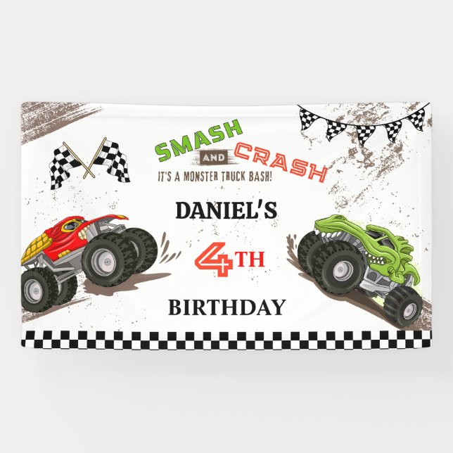 Monster truck smash and crash cute 4th birthday banner (Horizontal)