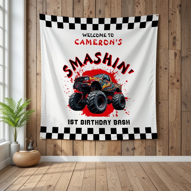 Monster Truck Smash Chequered 1st Birthday Welcome Tapestry (Monster Truck Smash Checkered 1st Birthday Welcome Tapestry
)