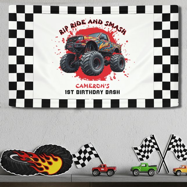 Monster Truck Smash Chequered Flag 1st Birthday Banner (Creator Uploaded)