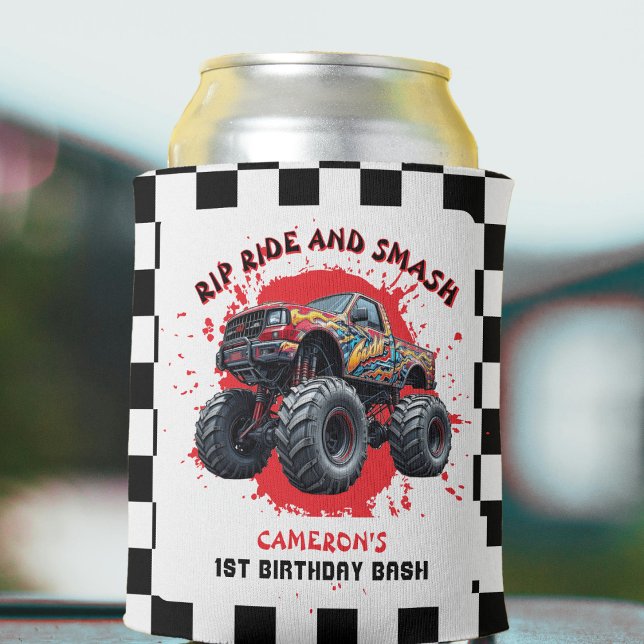 Monster Truck Smash Chequered Flag 1st Birthday Can Cooler (Monster Truck Smash Checkered Flag 1st Birthday Can Cooler
)
