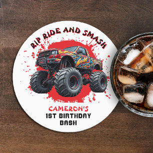 Monster Truck Smash Chequered Flag 1st Birthday Round Paper Coaster