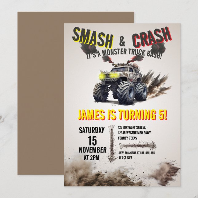 Monster Truck SMASH & CRASH Bash Birthday Party Invitation (Front/Back)