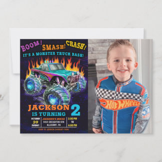 Monster Truck Smash Crash Boy Birthday Photo Invitation