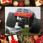 Monster Truck Smashing Car Jigsaw Puzzle<br><div class="desc">Big,  red monster truck is smashing an auto salvage car. Cool for all truck lovers.</div>