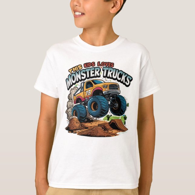 Monster Truck Soaring Over Dirt Pile T-Shirt (Front)