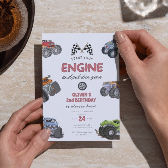 Monster truck, start your engine boy 2nd birthday invitation (Creator Uploaded)