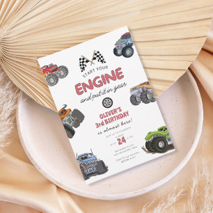 Monster truck, start your engine boy 3rd birthday invitation