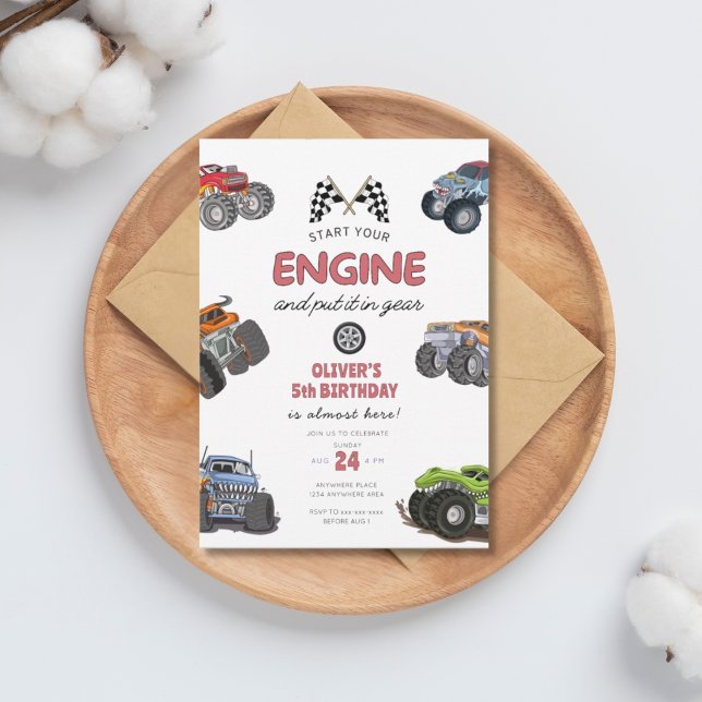 Monster truck, start your engine boy 5th birthday invitation (Creator Uploaded)