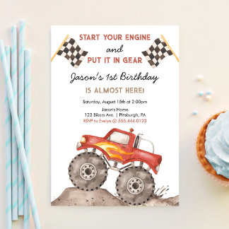 Monster Truck, Start Your Engine Boys 1st Birthday Invitation