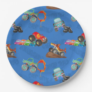 Monster Truck Stunts Watercolor Pattern Blue Paper Plate