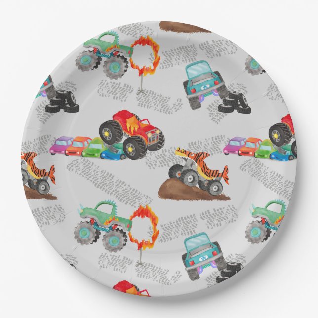 Monster Truck Stunts Watercolor Pattern Grey Paper Plate (Front)