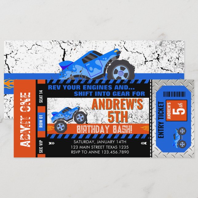 Monster Truck Ticket Birthday  Invitation (Front/Back)