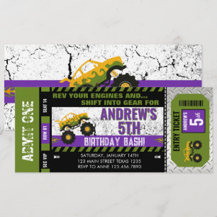Monster Truck Ticket Birthday  Invitation